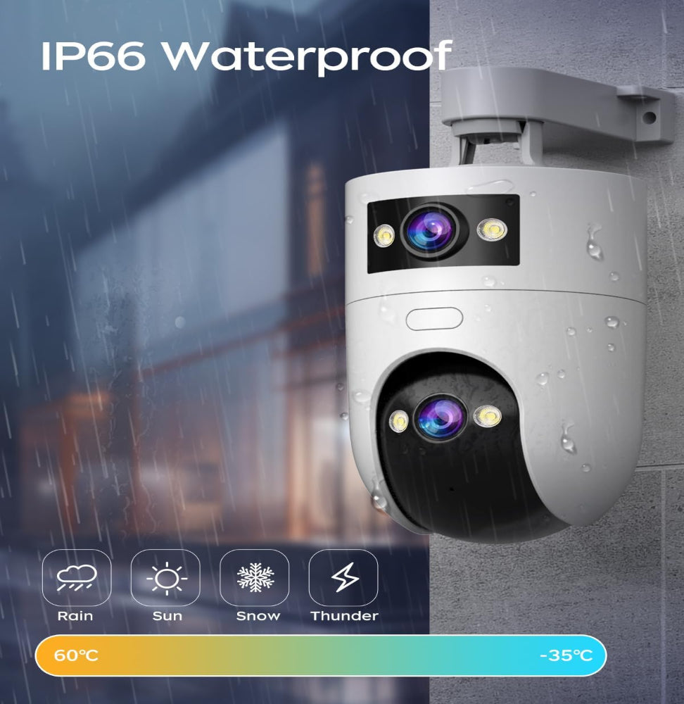 WiFi outdoor security camera with dual lens and waterproof design