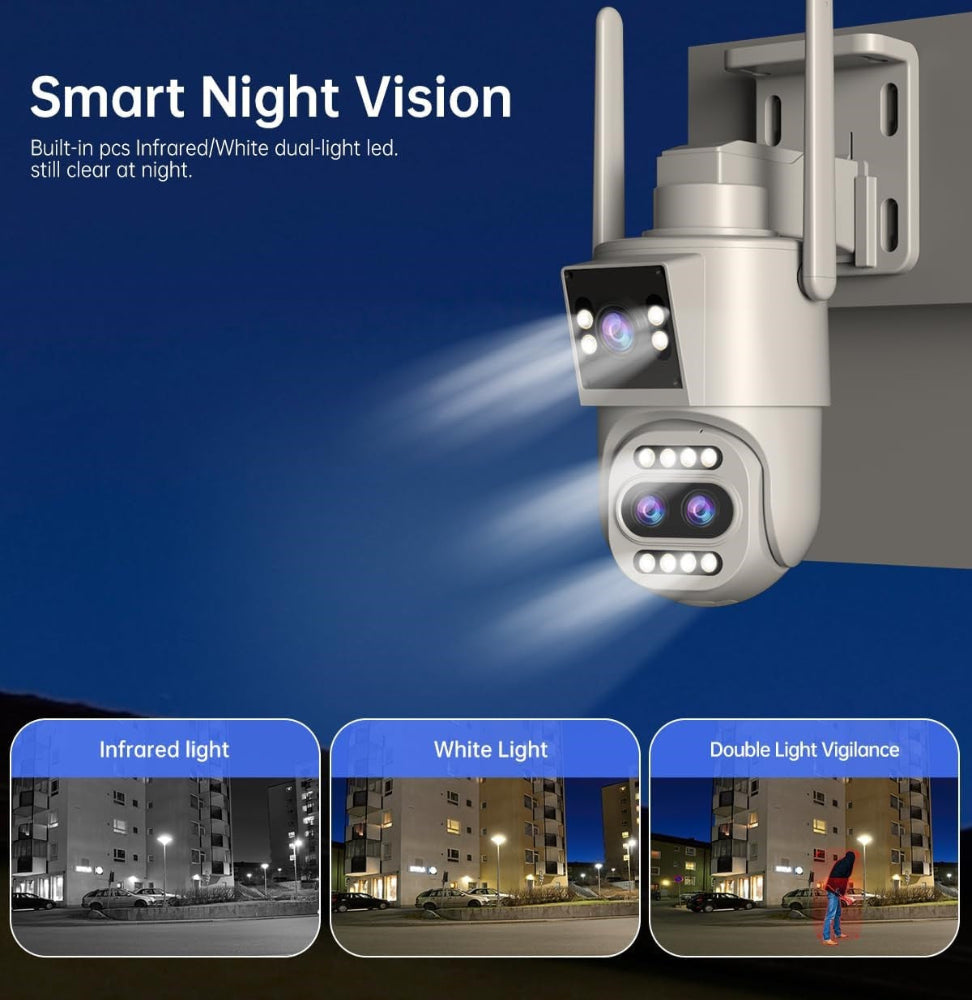 360-degree pan-tilt security camera with white and infrared LED lights.