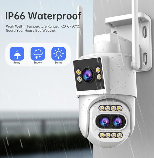 Dual-lens outdoor security camera with mounting bracket and antennas.

