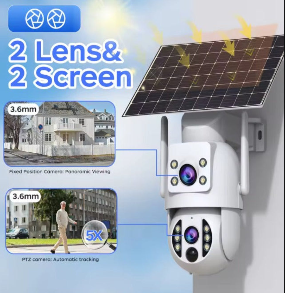 Outdoor security camera with fixed and rotating lenses