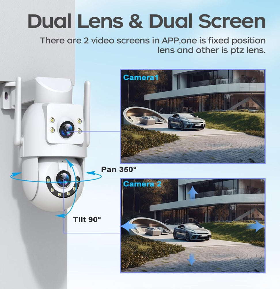 WiFi security camera showing live video feed of home and garden